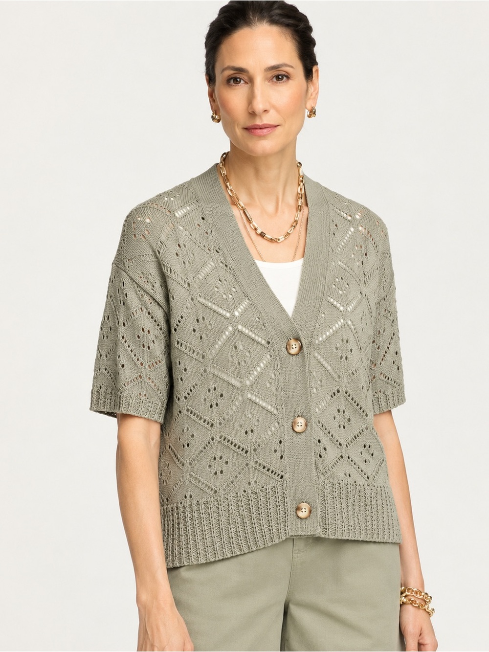 NWT Chico's Short Sleeve Cardigan Sweater Sage Green XXL Cotton Blend open-knit